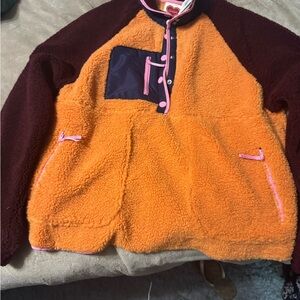 Women’s Colorblock Sherpa Pullover Hoodie in Orange & Burgundy